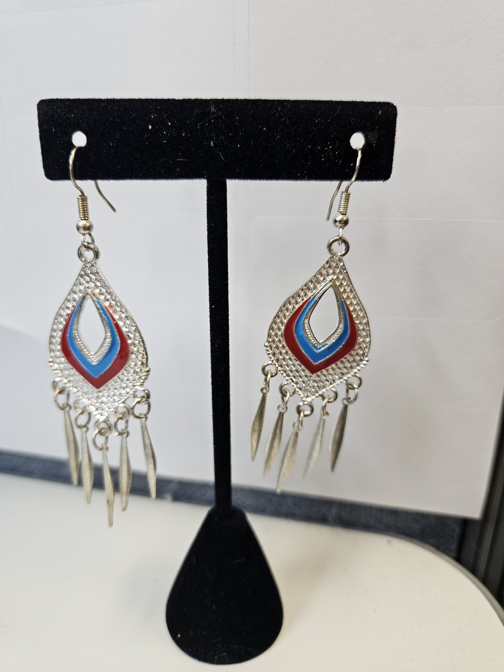 Silver Teardrop Dangle Earrings with Red and Blue Enamel Accents